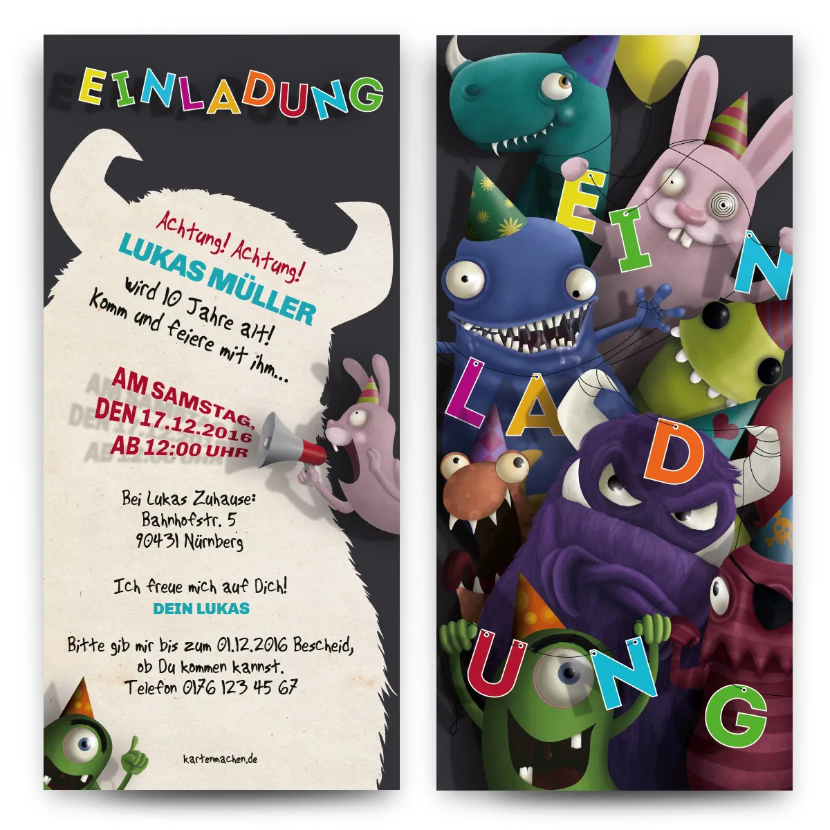 Einladungskarten zum Geburtstag für Kinder - Monster