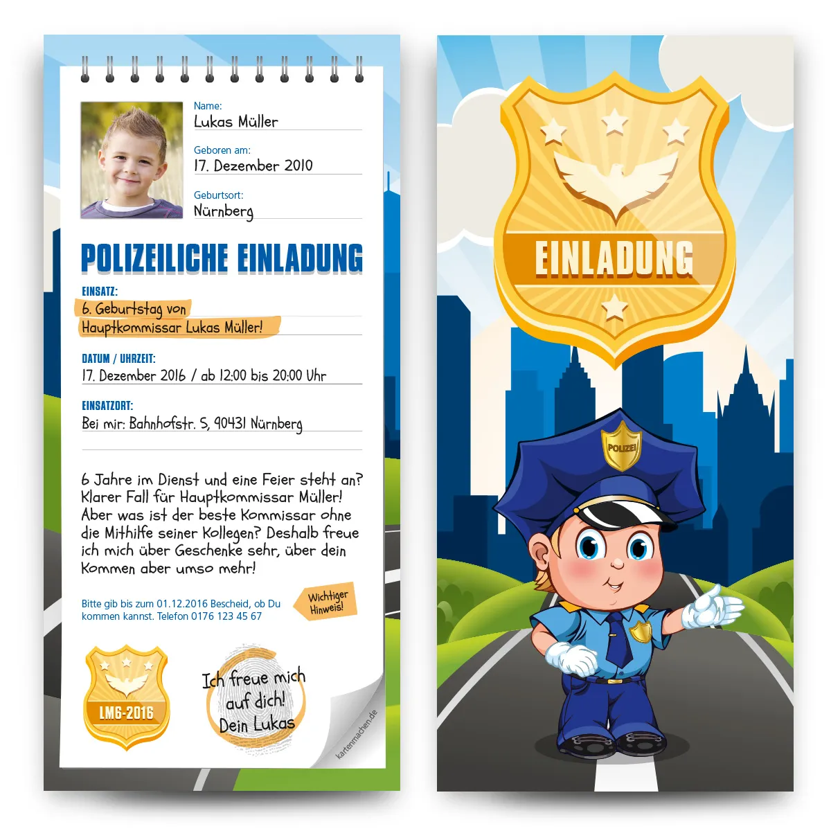Einladungskarten zum Kindergeburtstag als Polizei Notizblock