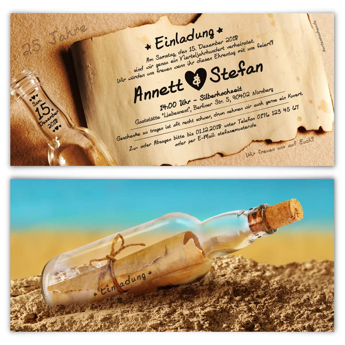 Einladungskarten zur Silberhochzeit - Flaschenpost Motiv
