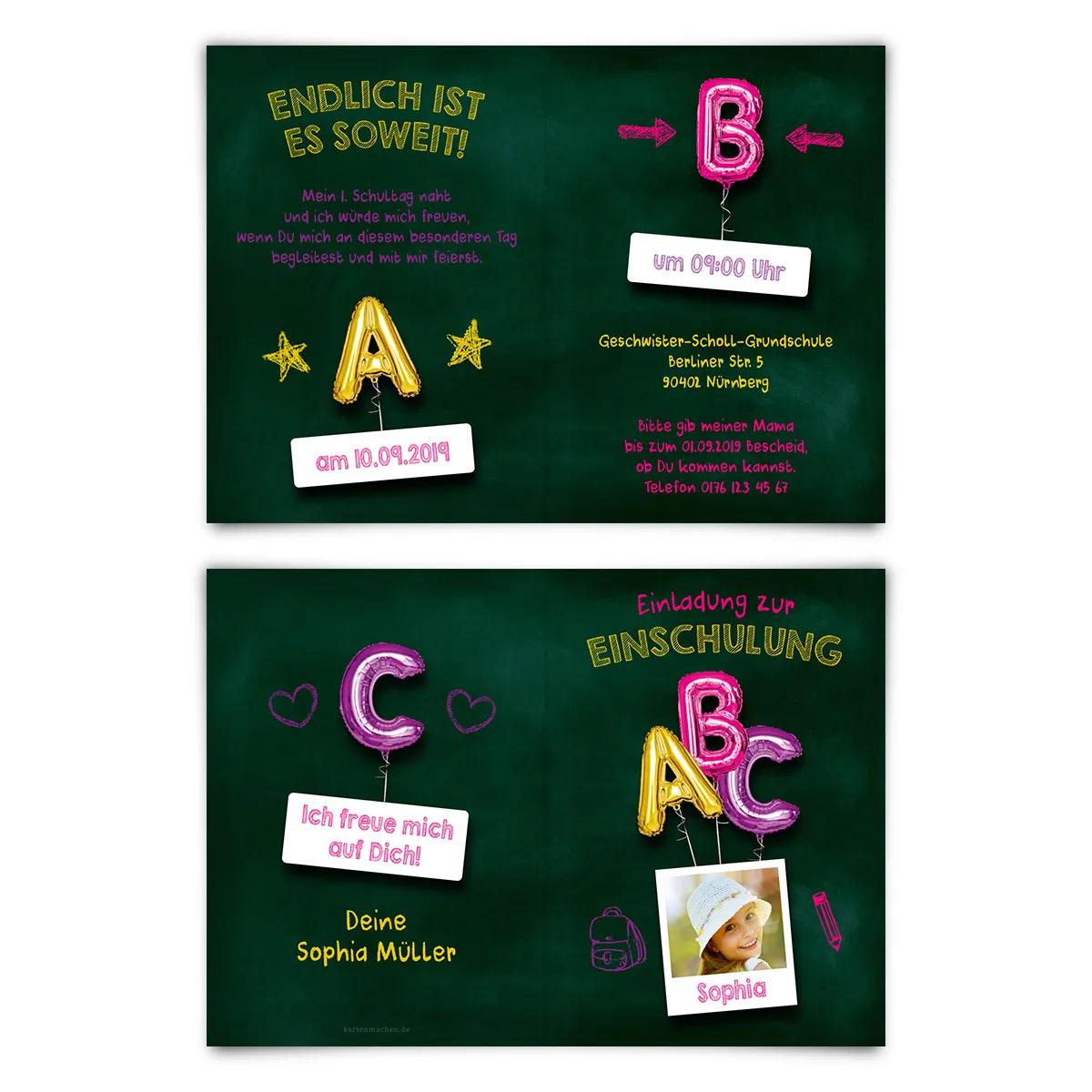Einschulung Einladungskarten - Tafel ABC Rosa