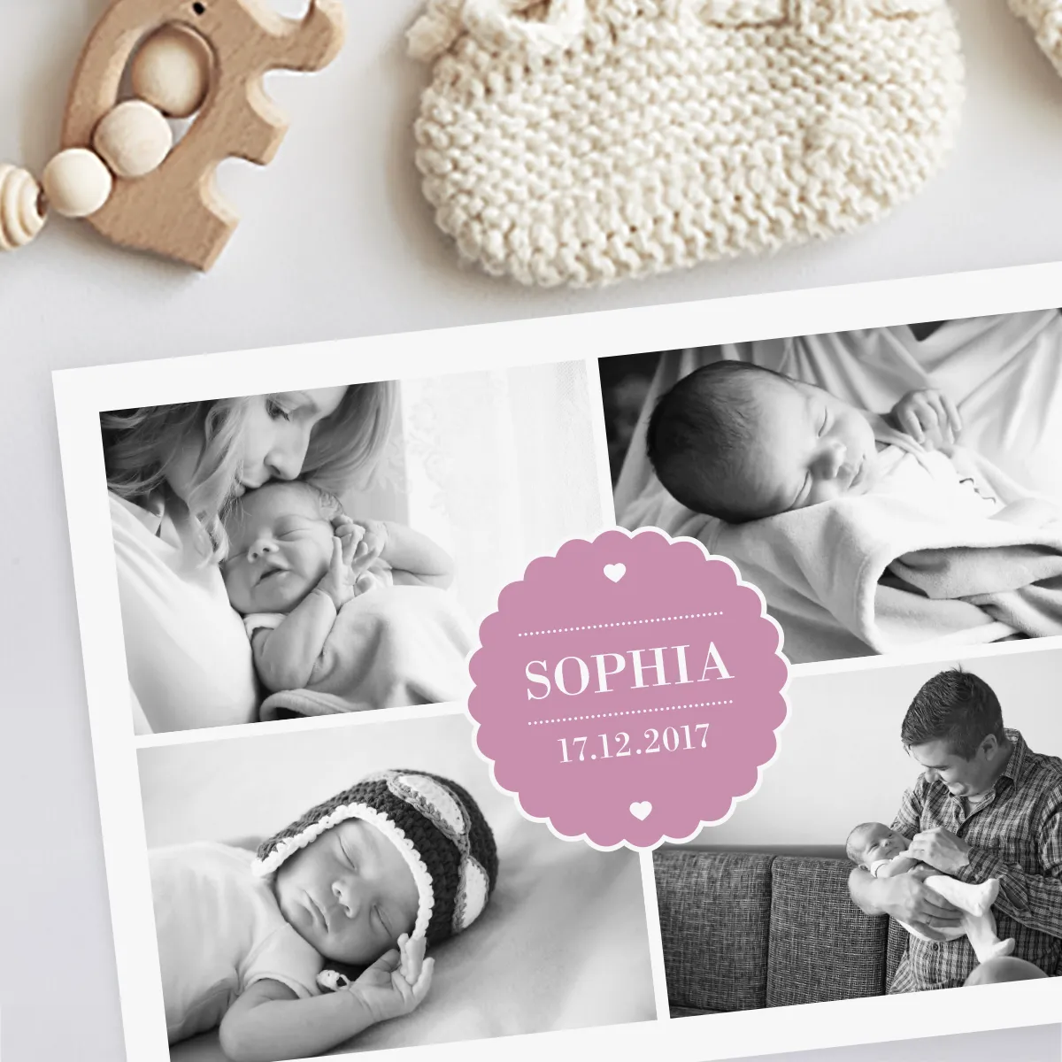Geburtskarten mit 4 eigenen Fotos Schwarz Weiß für Mädchen selbst gestalten