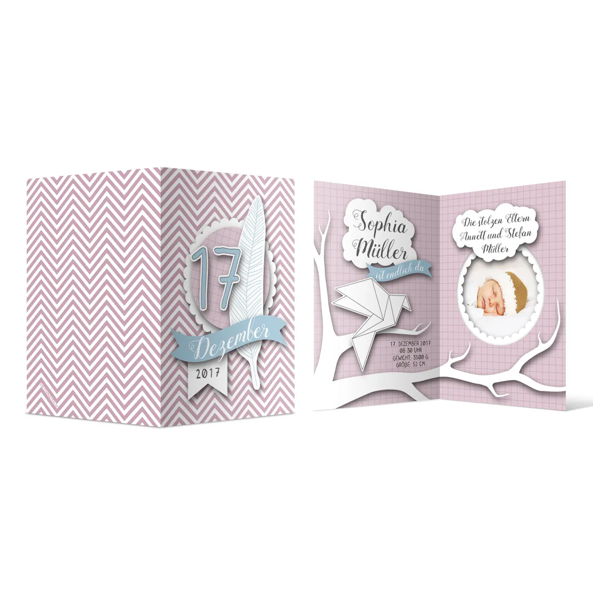 Geburtskarten - Origami Feder in Rosa