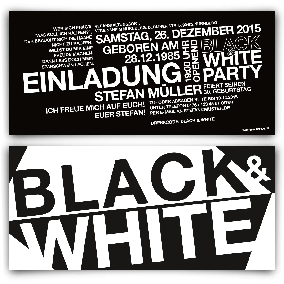 Geburtstag Einladungen - Black & White Party in Schwarz