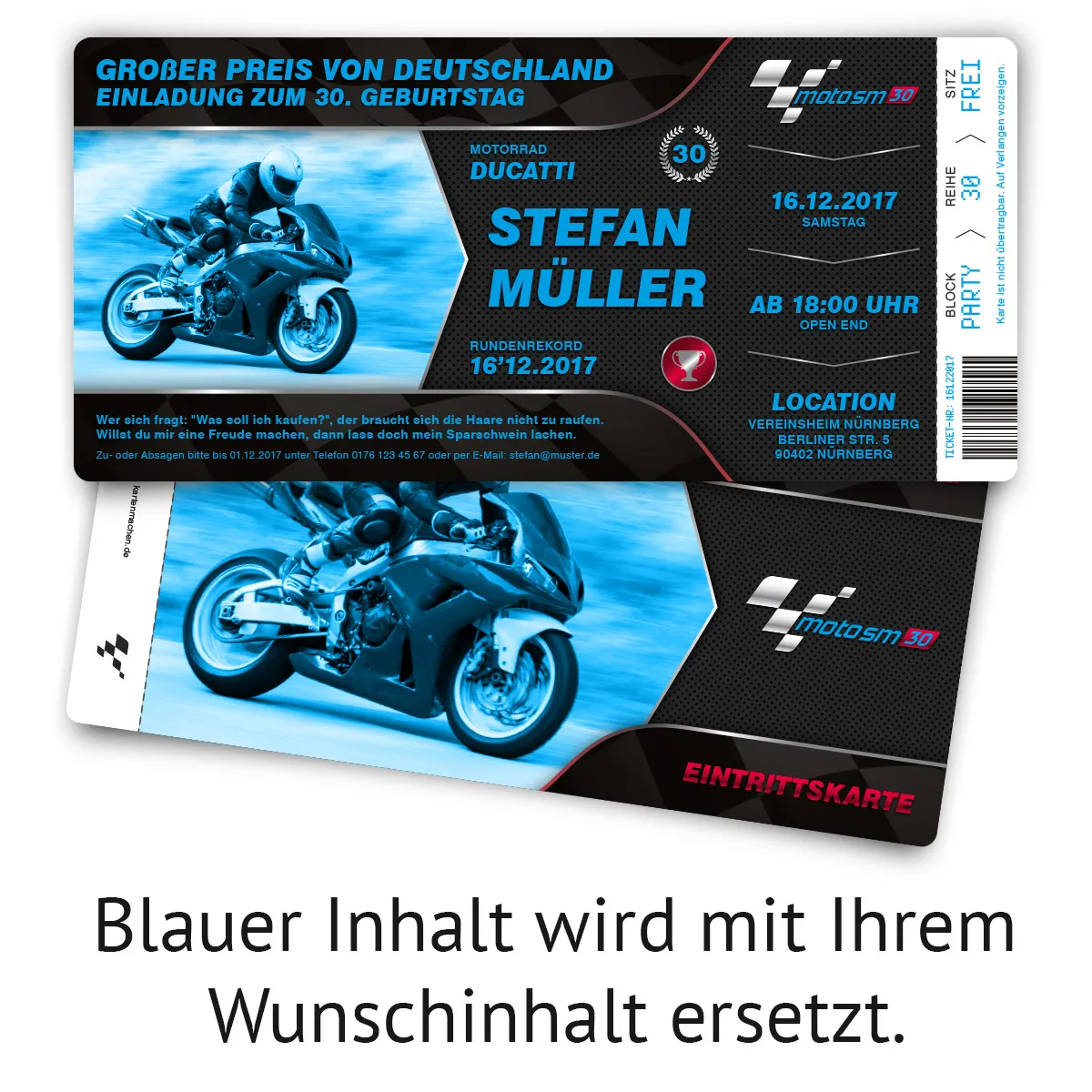 Geburtstag Einladungen -  Motorrad Rennen Ticket