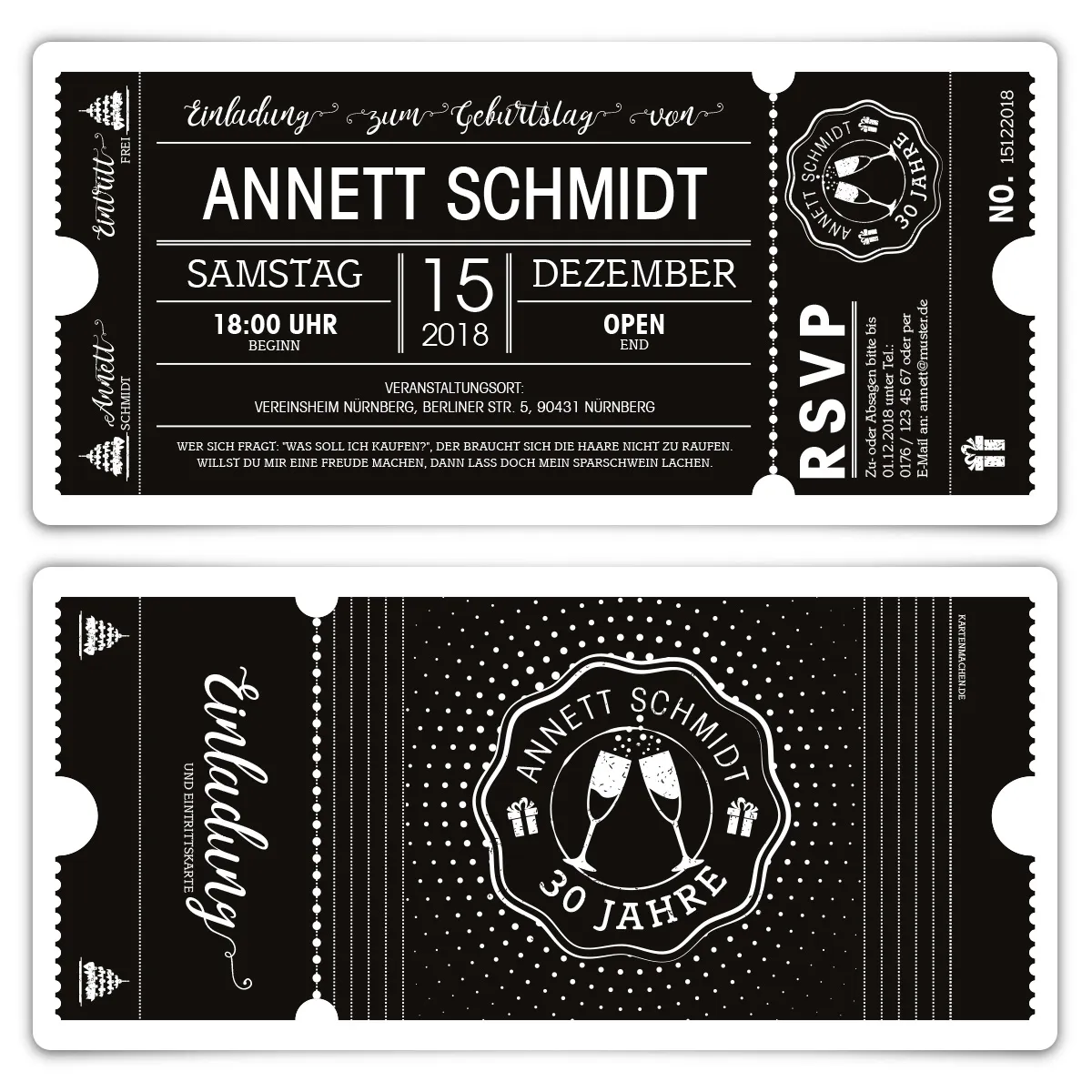 Geburtstag Einladungen - Schwarz-Weiß Ticket schwarze Version