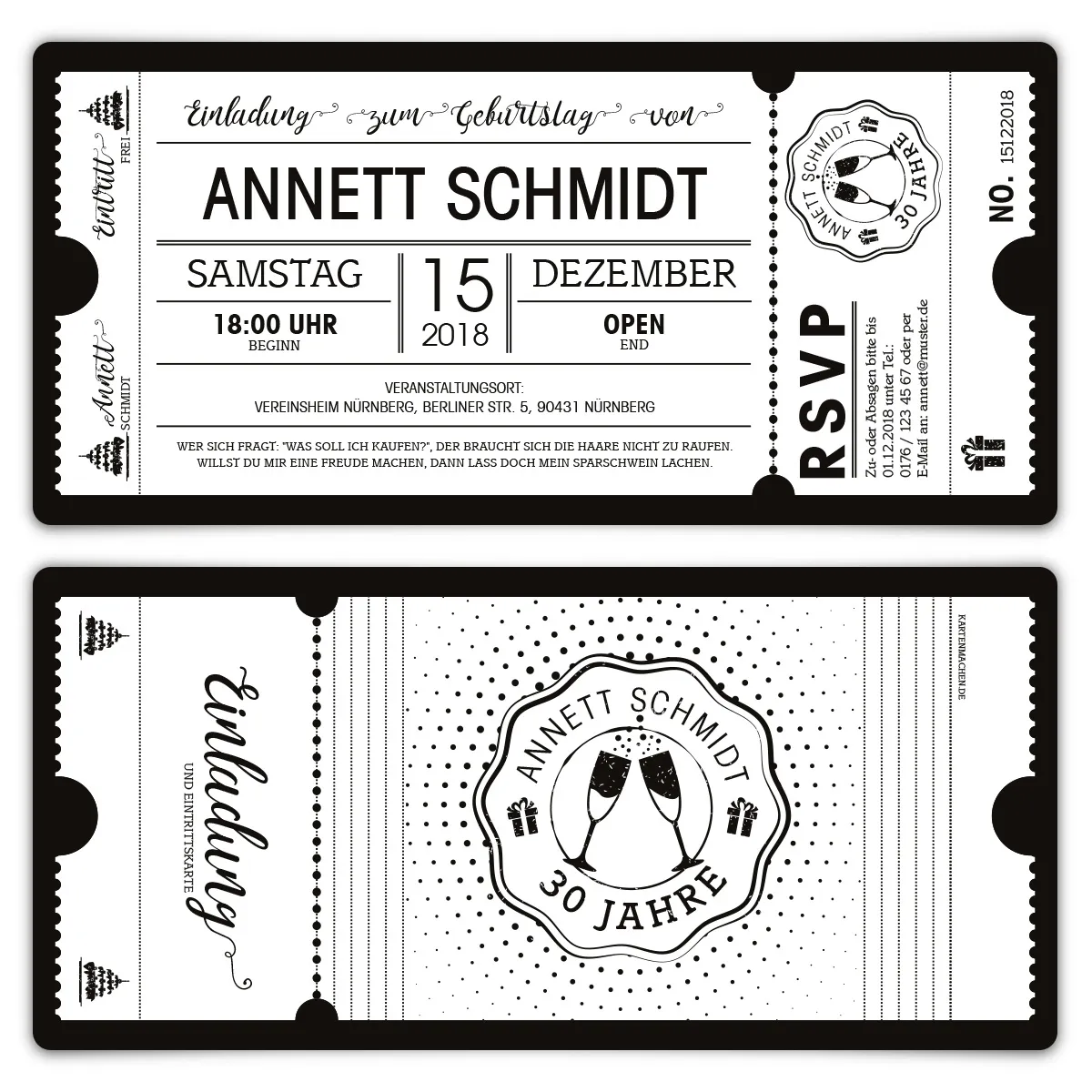 Geburtstag Einladungen - Schwarz-Weiß Ticket weiße Version