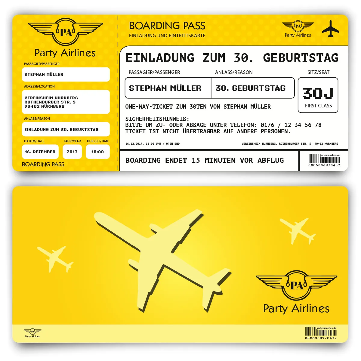 Geburtstag Einladungskarte als Flugticket - Gelb
