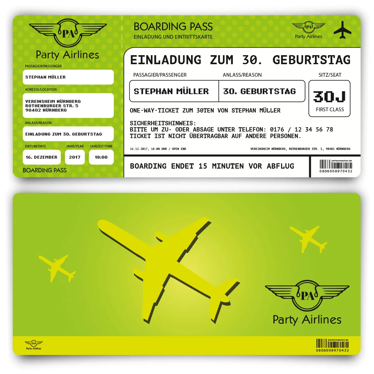 Geburtstag Einladungskarte als Flugticket - Grün