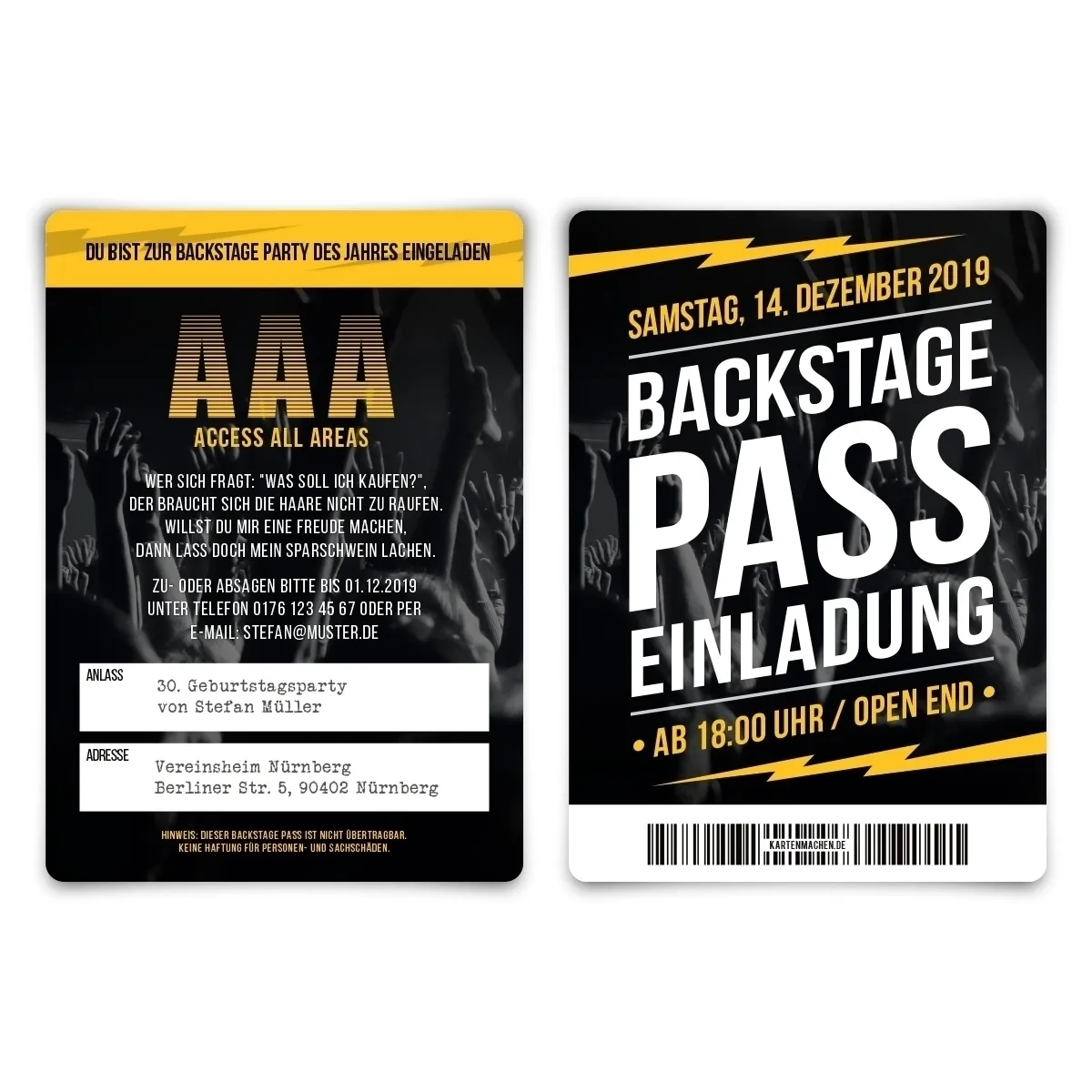 Geburtstag Einladungskarten - Backstage Pass