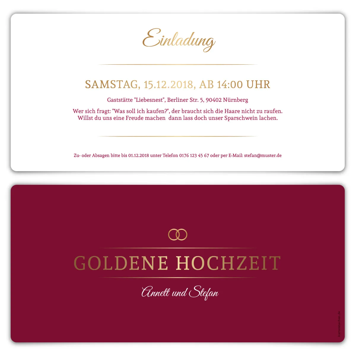 Goldene Hochzeit Einladungskarten - Burgunder Gold