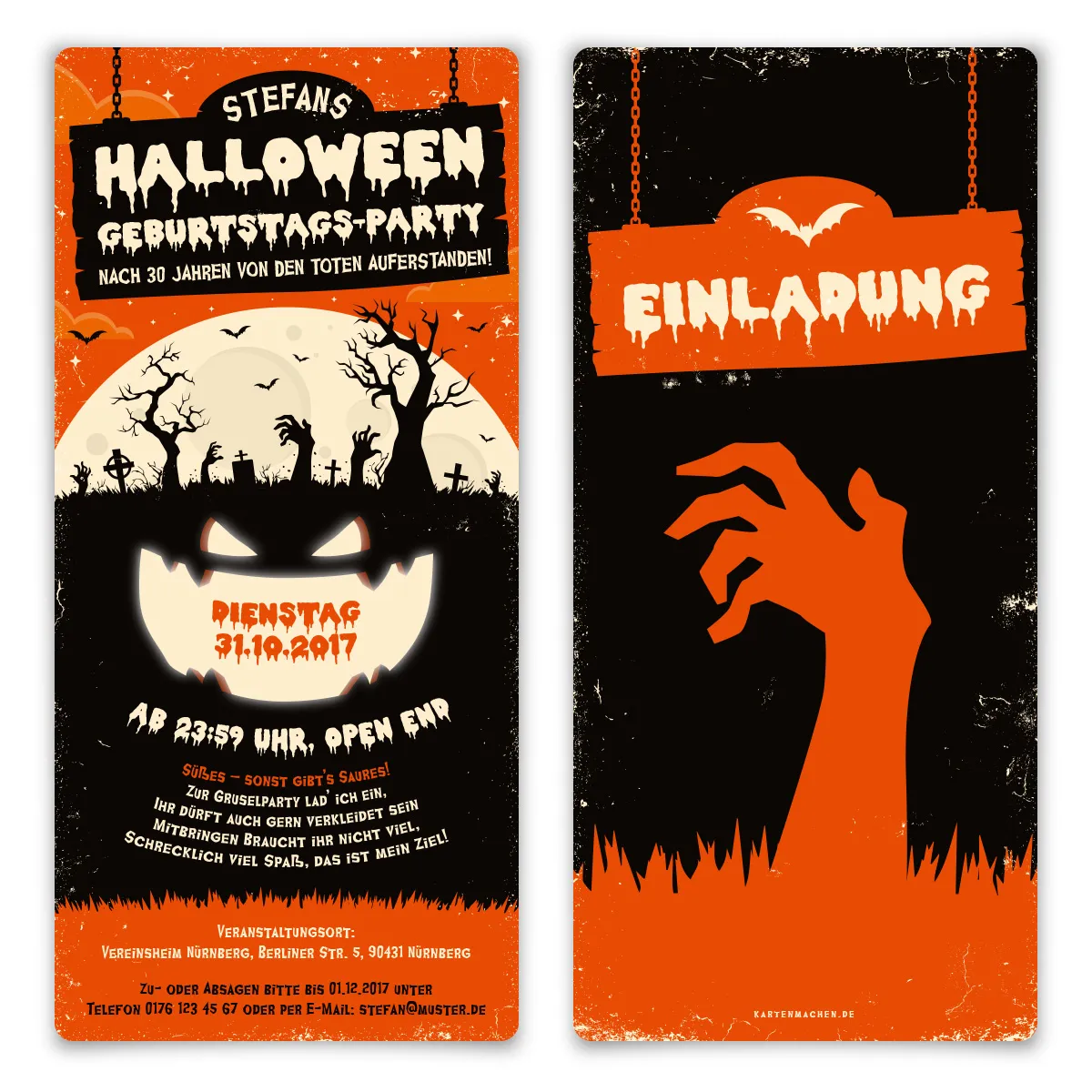 Halloween Einladungskarten - Zombie Kürbis