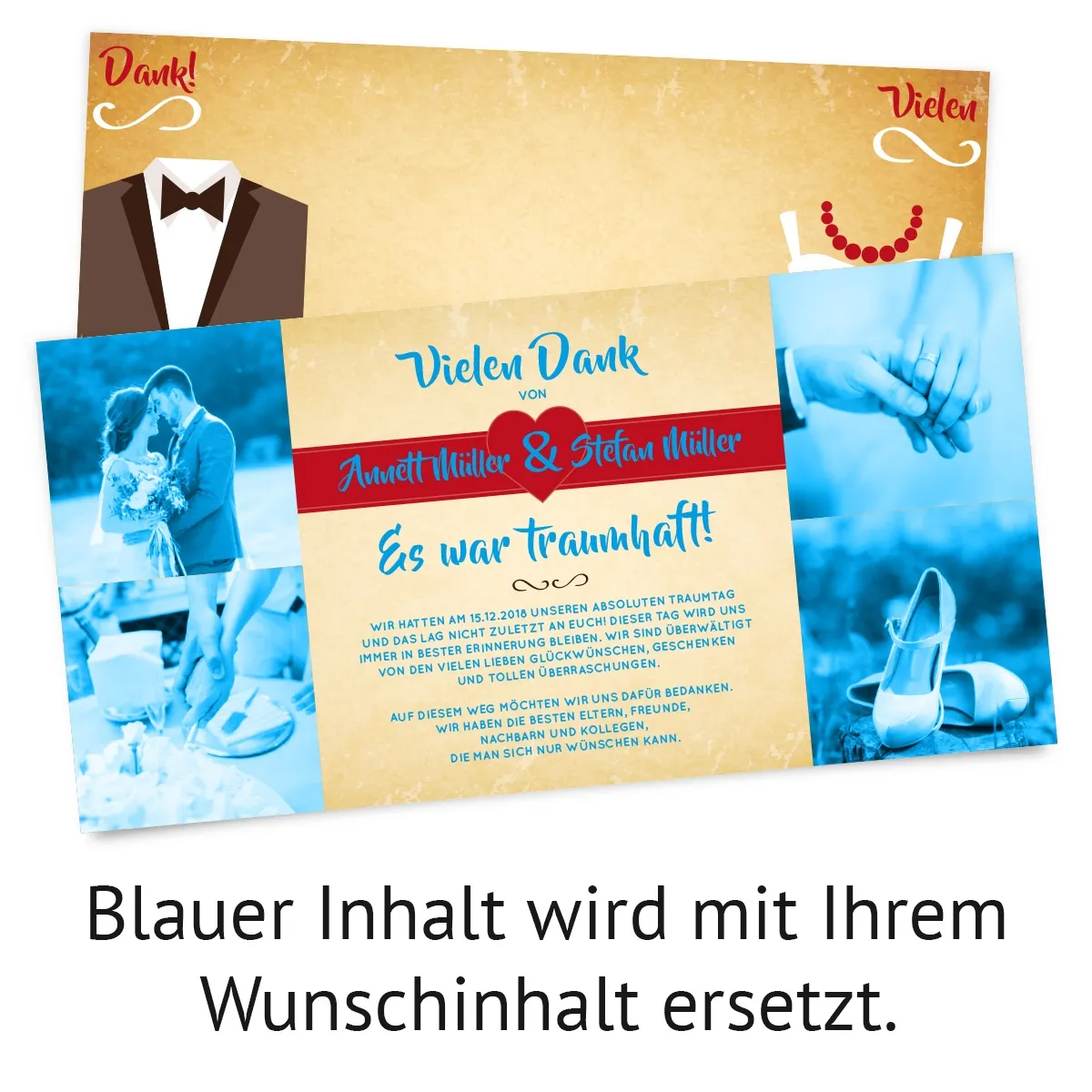 Hochzeit Dankeskarten - Braut und Bräutigam Altarfalz in Vintage