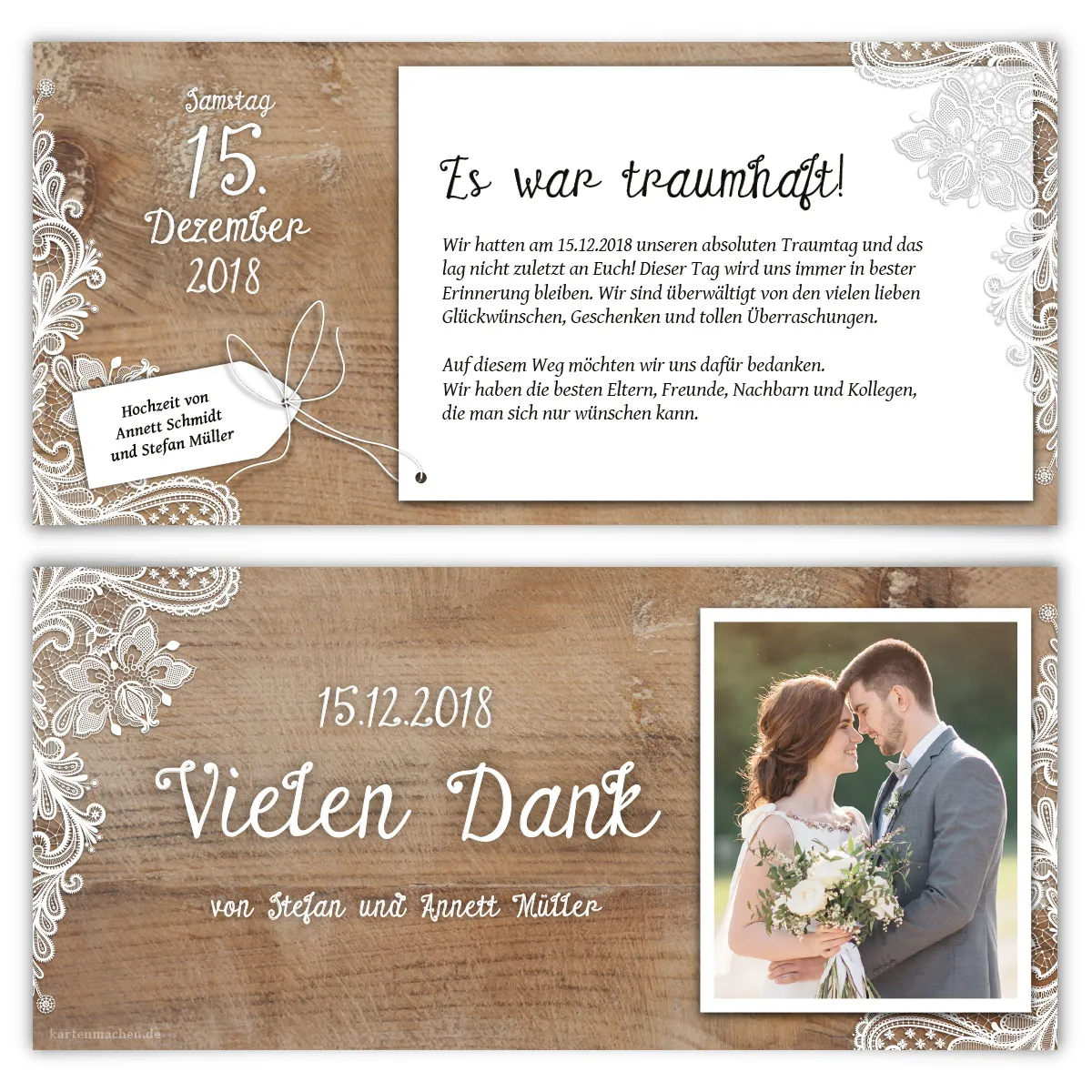 Hochzeit Dankeskarten DIN Lang - Rustikal mit weißer Spitze