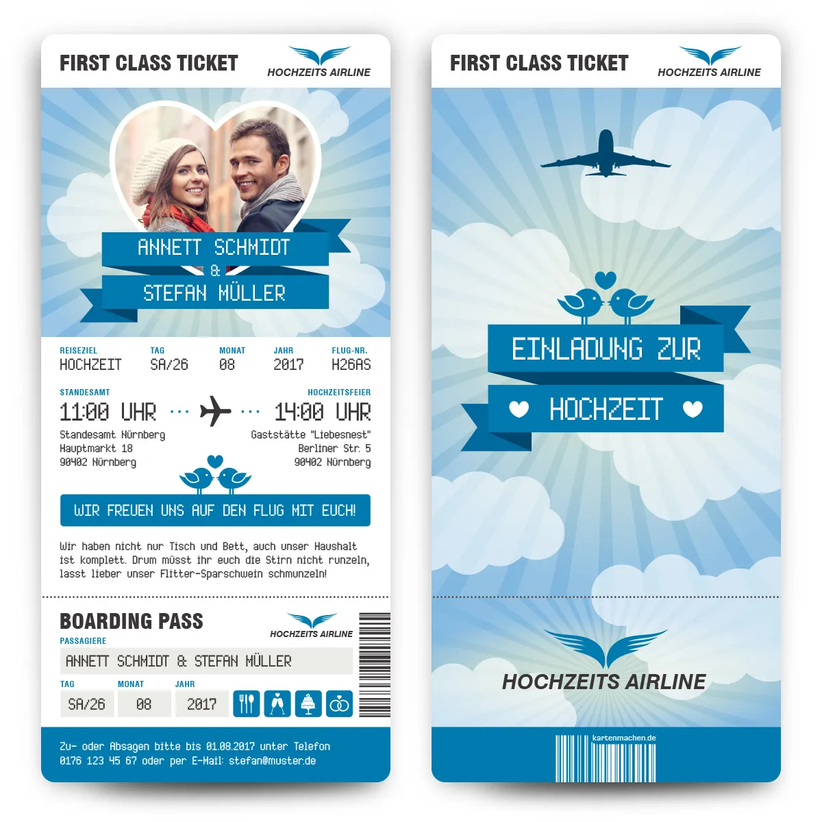 Hochzeit Einladungen - First Class Flugticket in Blau