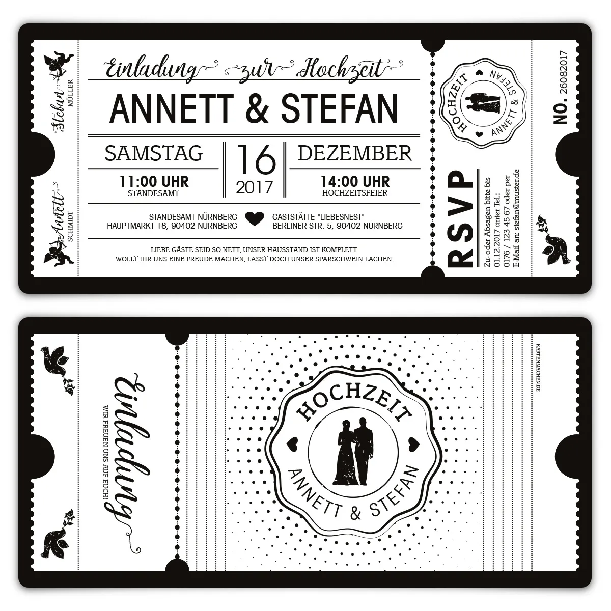 Hochzeit Einladungen - Schwarz-Weiß Ticket weiße Version