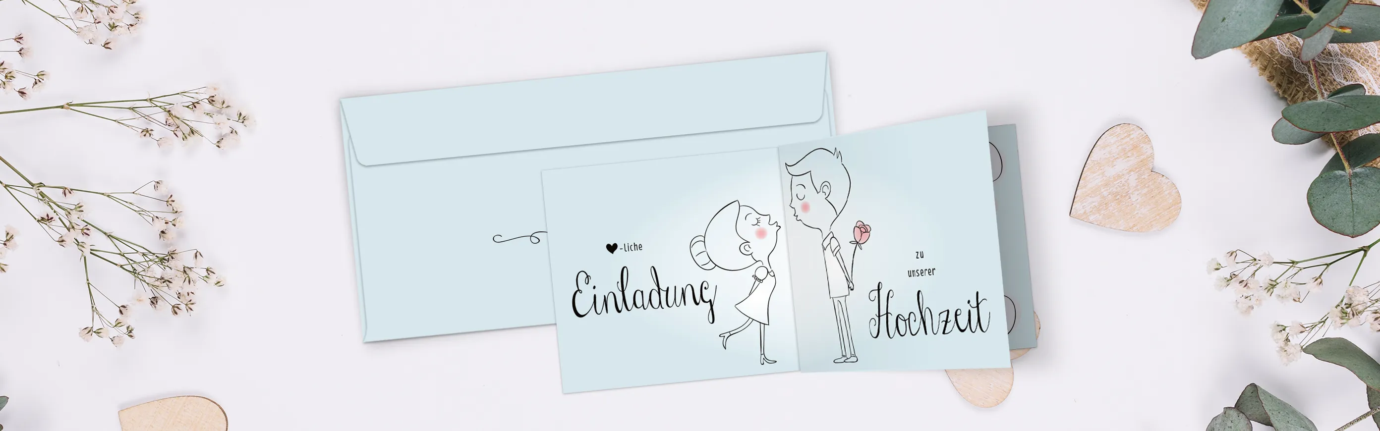 Hochzeit Karten, z. B. Einladungskarten im Design Küssendes Paar in Hellblau mit passenden Briefumschlägen