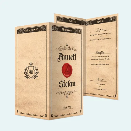 Hochzeit Menükarten im Vintage Siegelbrief Design, DIN Lang Klappkarten im Hochformat, eigener Text