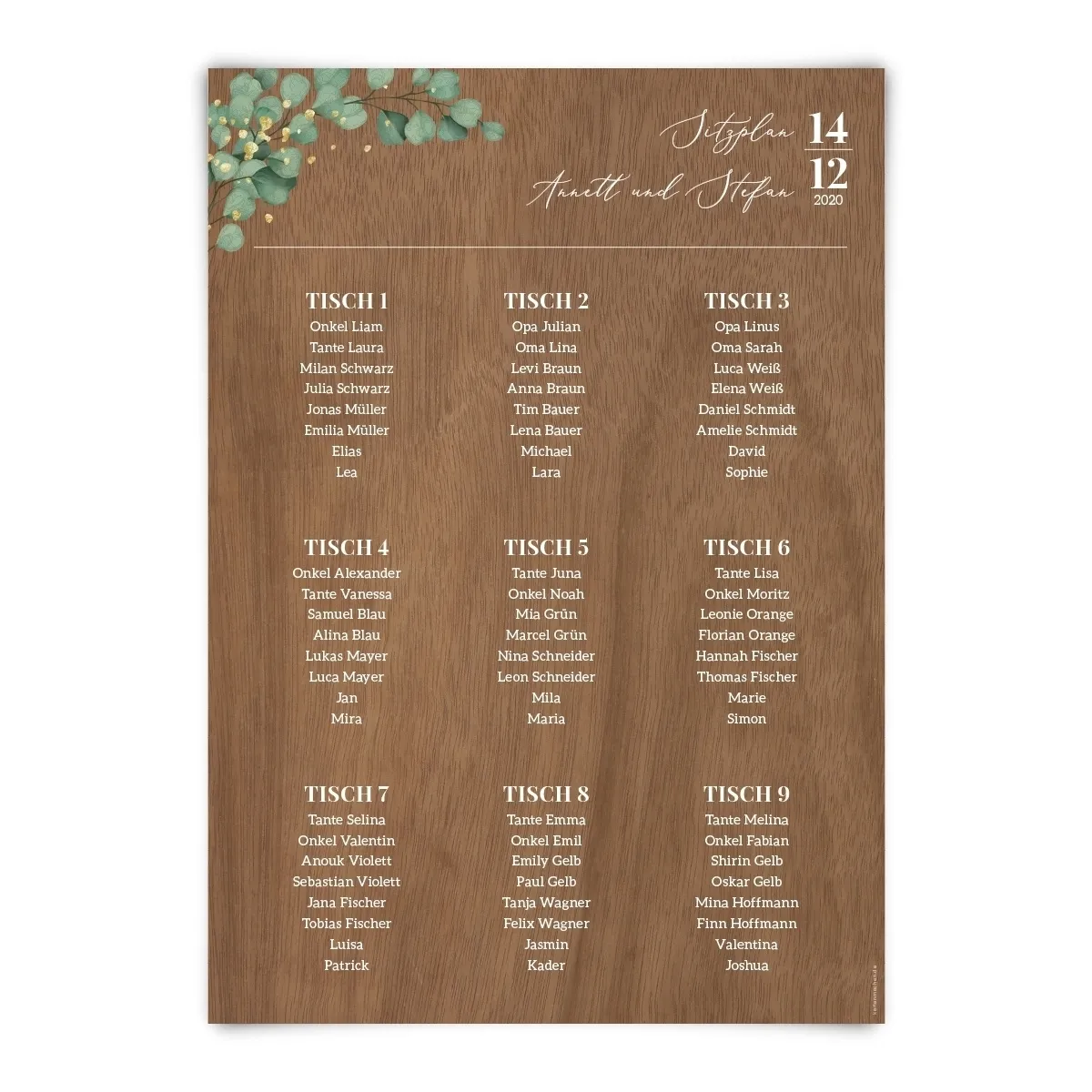 Hochzeit Sitzplan Plakat Holz-Design - Eukalyptus