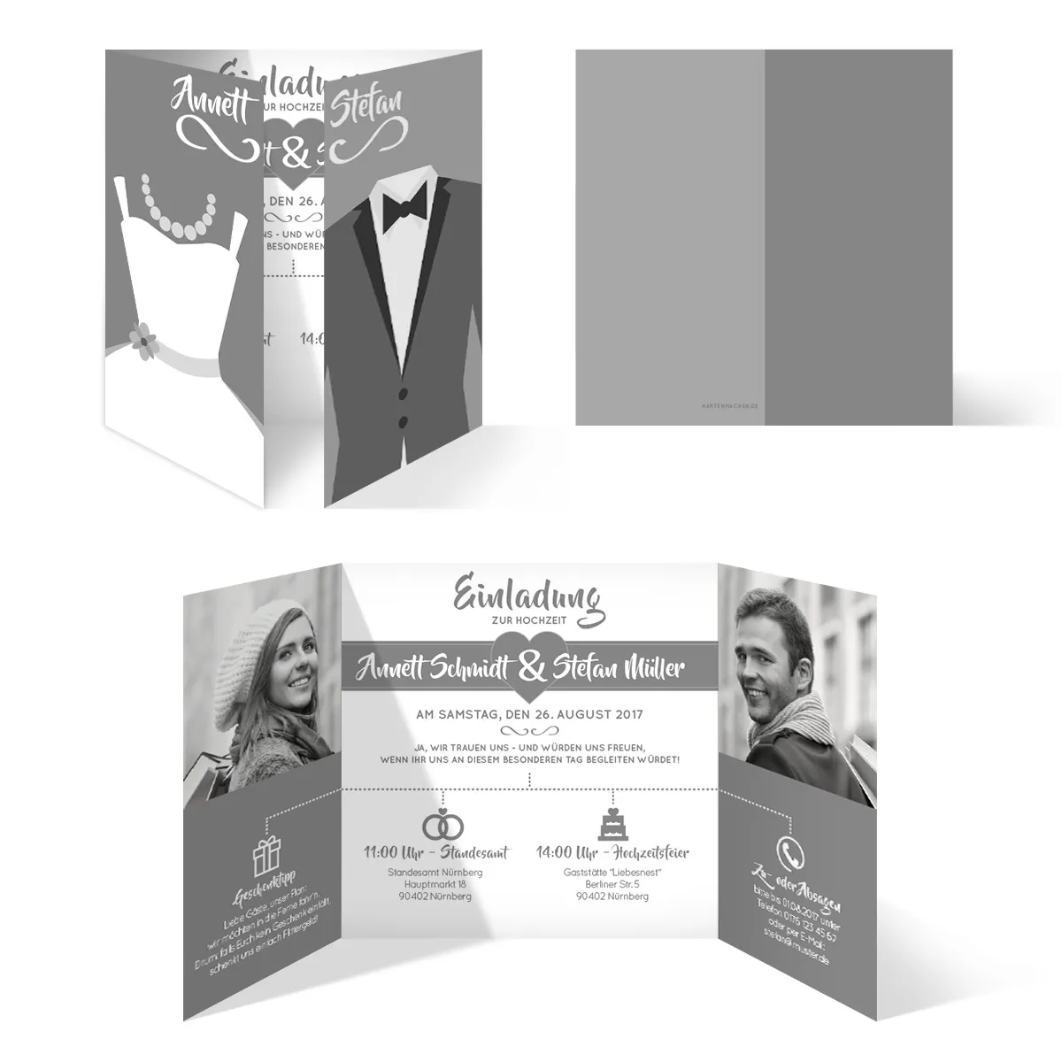 Hochzeitseinladungen - Braut und Bräutigam Altarfalz in Grau