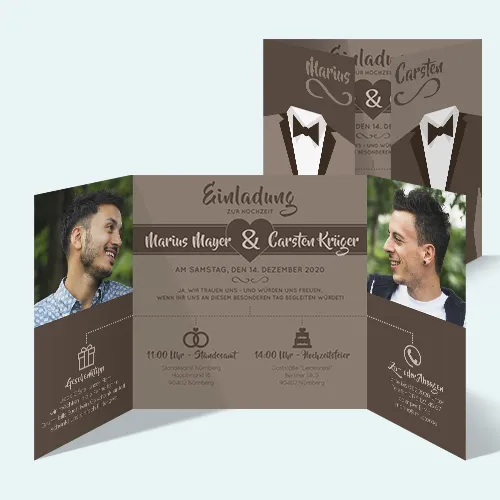 Hochzeitseinladungen für gleichgeschlechtliche Ehen - zwei Männer, braune Altarfalz Karte