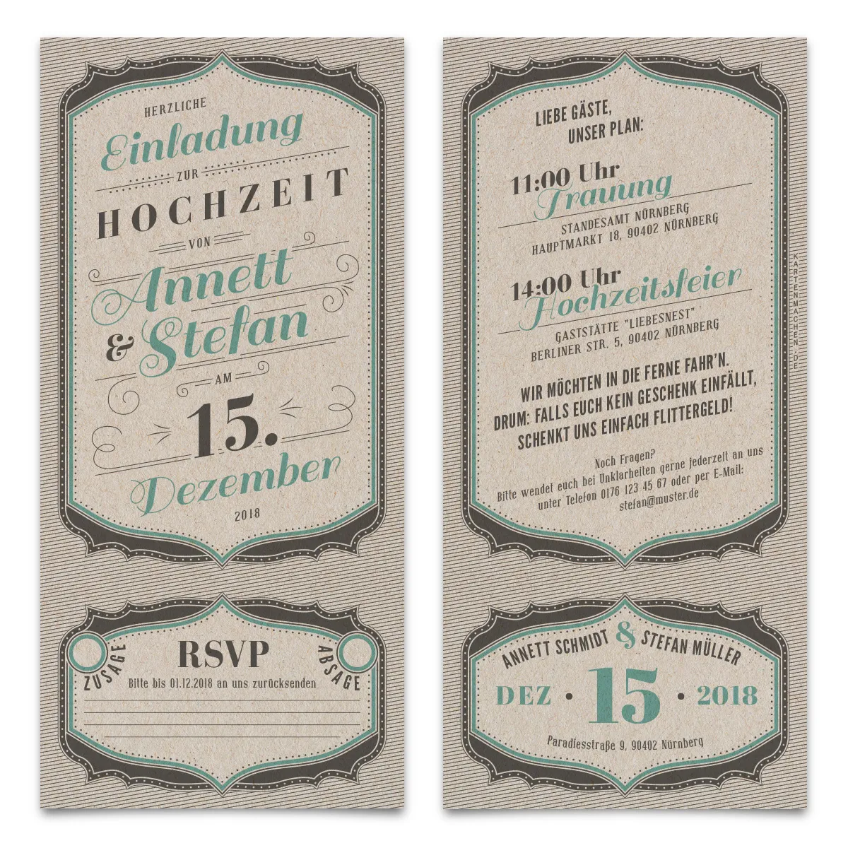 Hochzeitseinladungen mit Antwortkarte Ticket - Vintage Letterpress