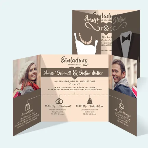 Hochzeitseinladungen individuell selbst gestalten mit zwei Fotos im Altarfalz in Beige und Braun