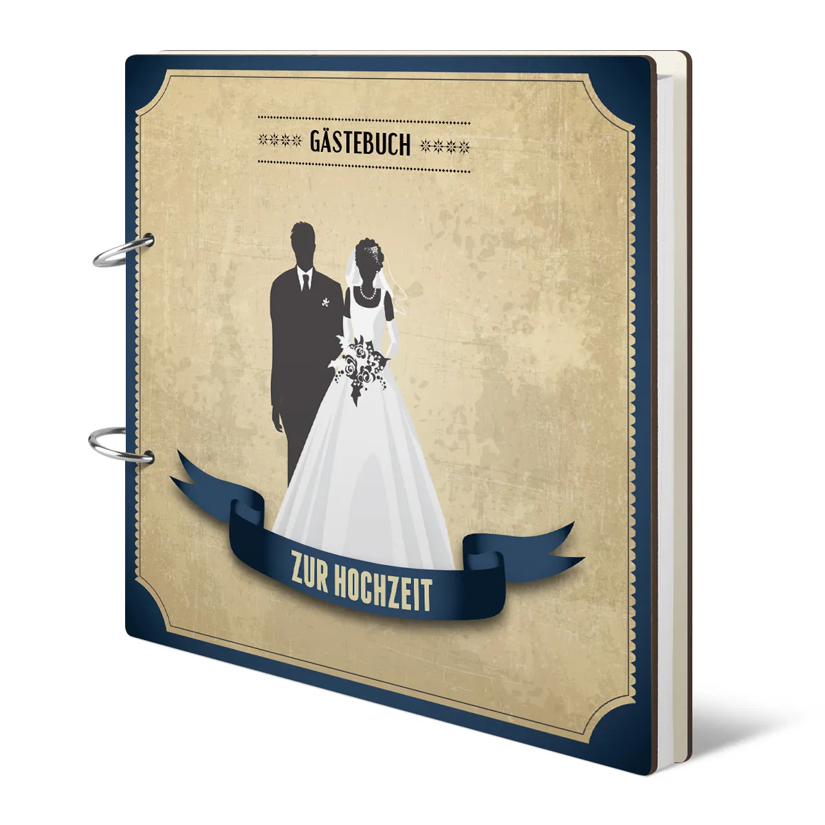 Holzcover Hochzeit Gästebuch - Vintage Brautpaar Blau