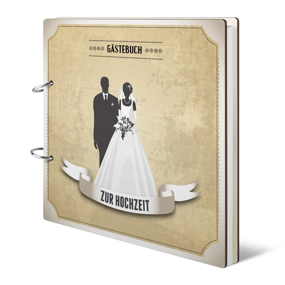 Holzcover Hochzeit Gästebuch - Vintage Brautpaar Weiß