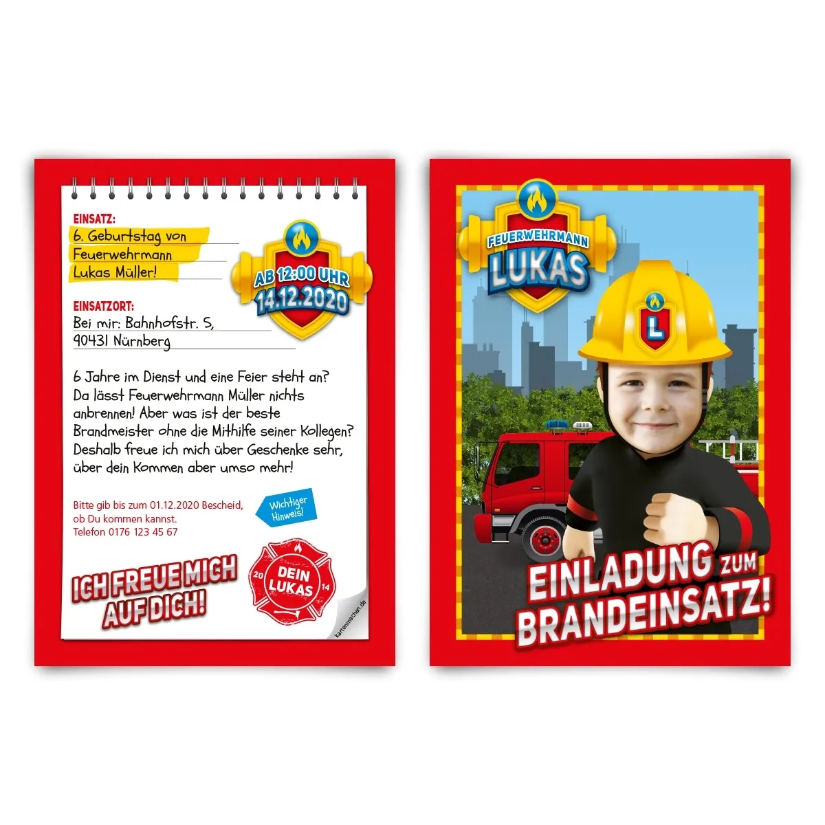 Kindergeburtstag Einladungskarten - Feuerwehrmann