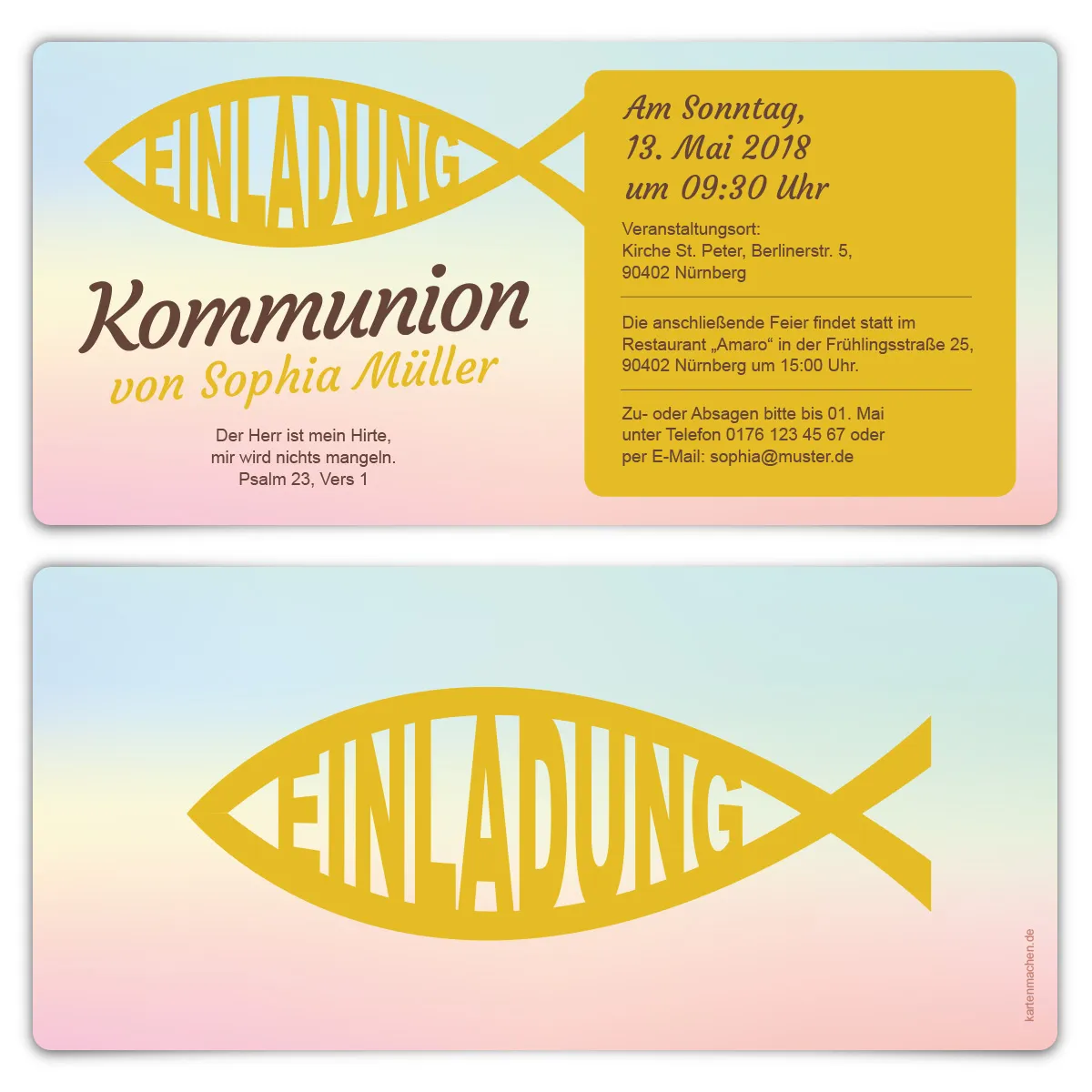 Kommunion Einladungskarten - Bunter Jesus Fisch