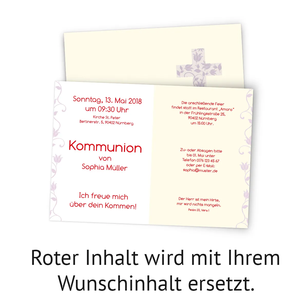 Kommunion Einladungskarten - Lila Rosenkreuz
