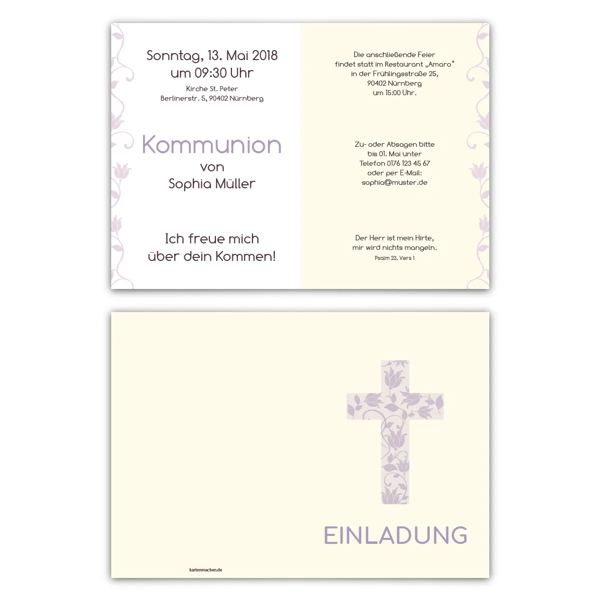 Kommunion Einladungskarten - Lila Rosenkreuz