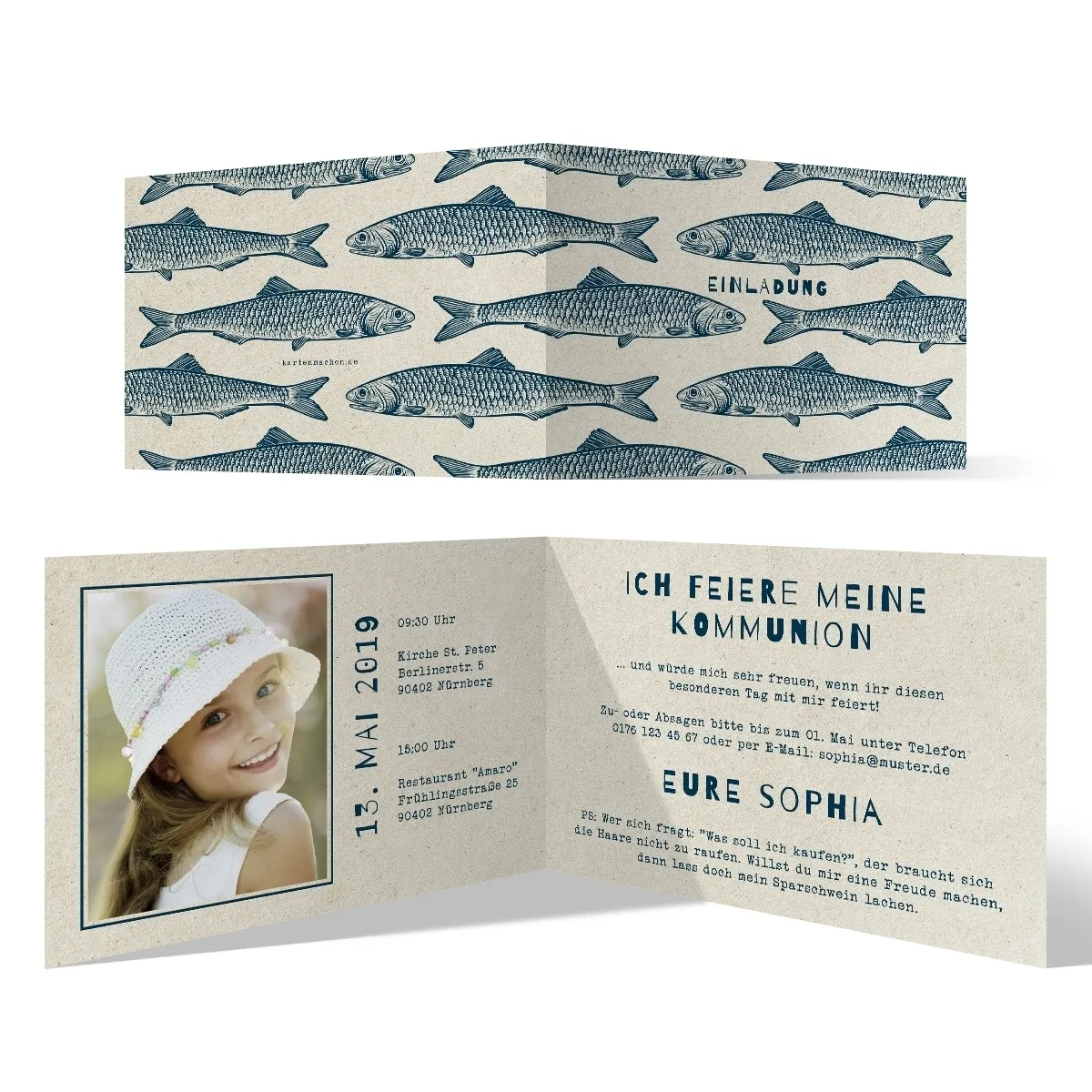Kommunion Einladungskarten - Maritim Fische