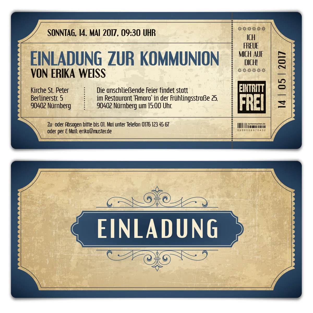 Kommunion Einladungskarten - Vintage Eintrittskarten in Blau