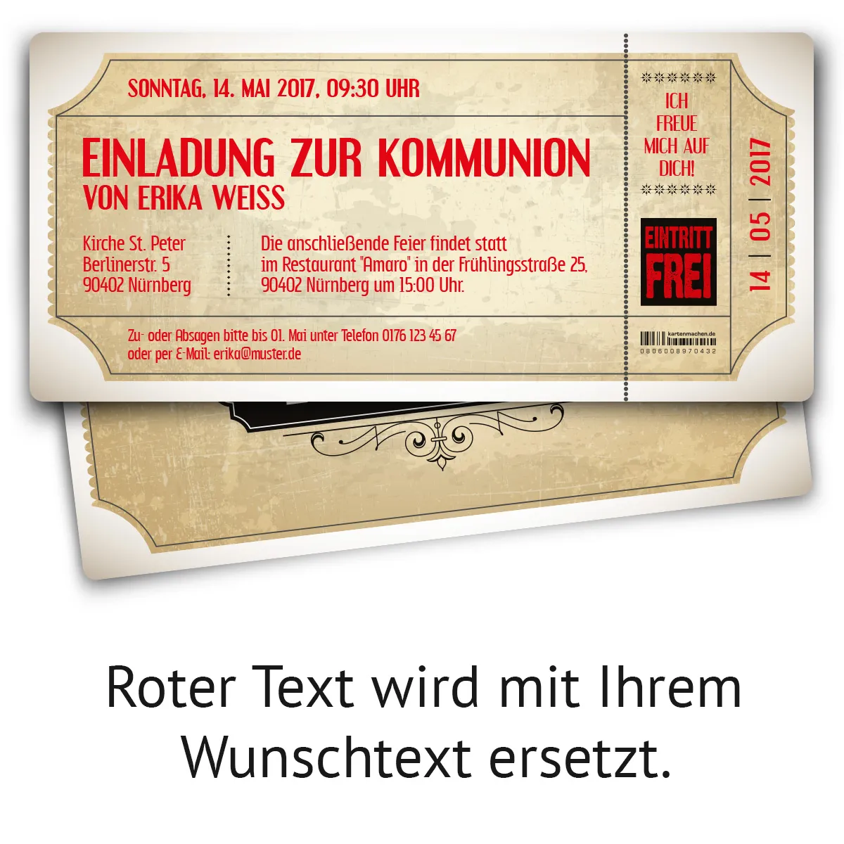 Kommunion Einladungskarten - Vintage Eintrittskarten in Weiß