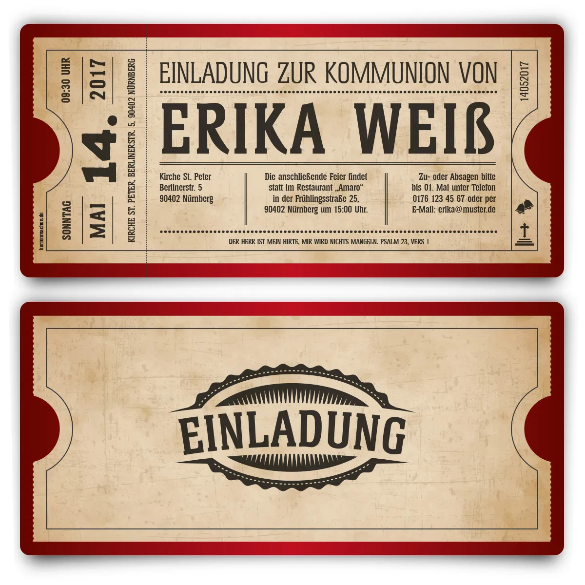 Kommunion Einladungskarten - Vintage Ticket in Rot