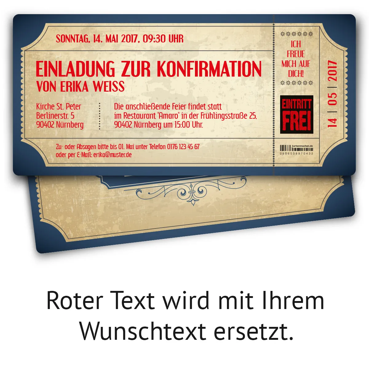 Konfirmation Einladungskarten - Vintage Eintrittskarten in Blau