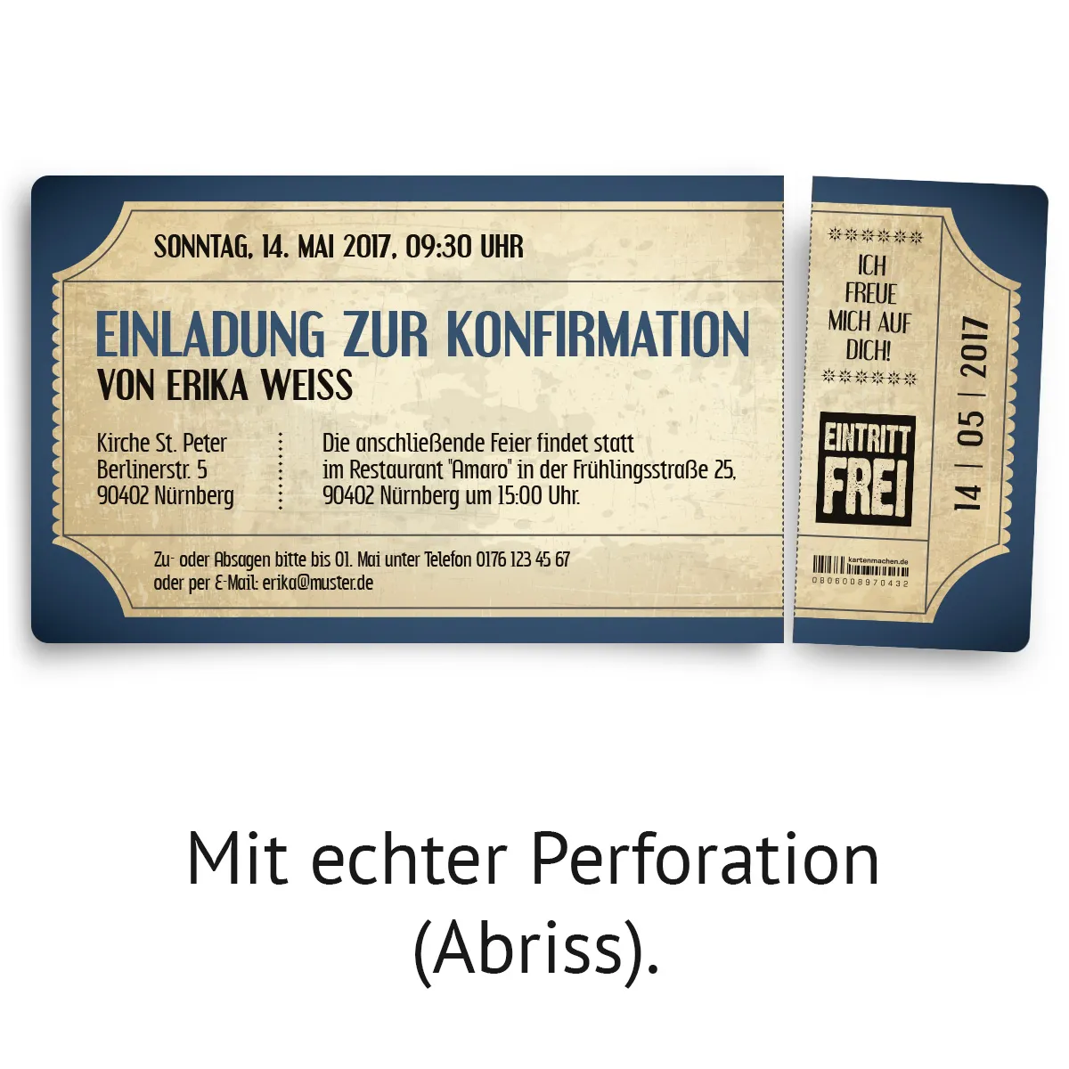 Konfirmation Einladungskarten - Vintage Eintrittskarten in Blau