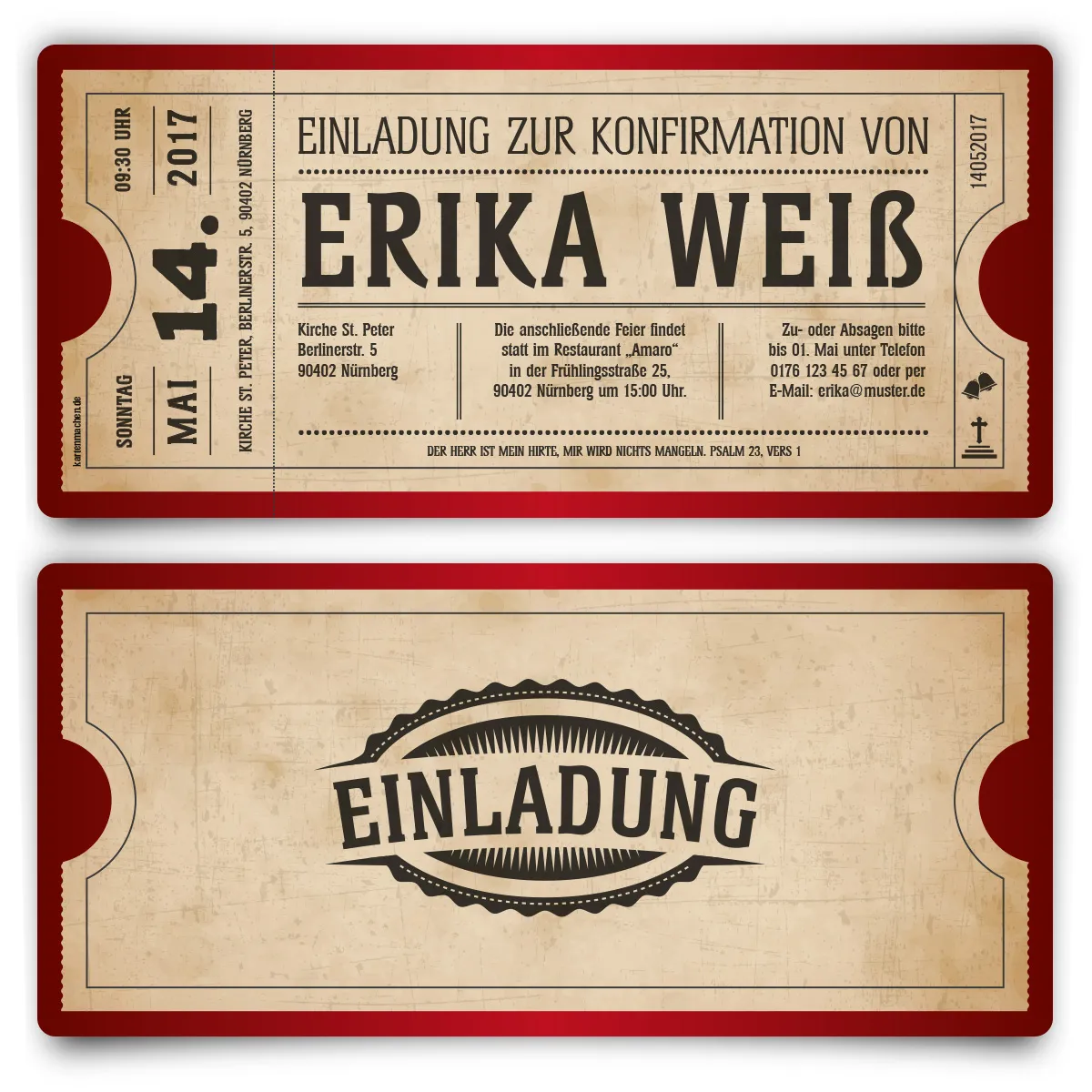 Konfirmation Einladungskarten - Vintage Ticket in Rot