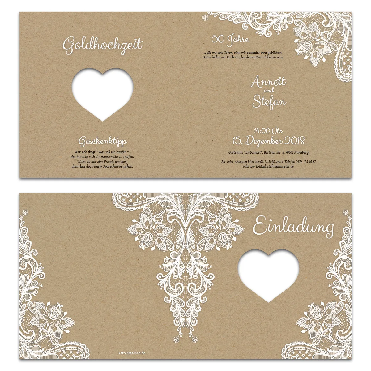 Lasergeschnittene Einladung Goldene Hochzeit - Rustikal Kraftpapier