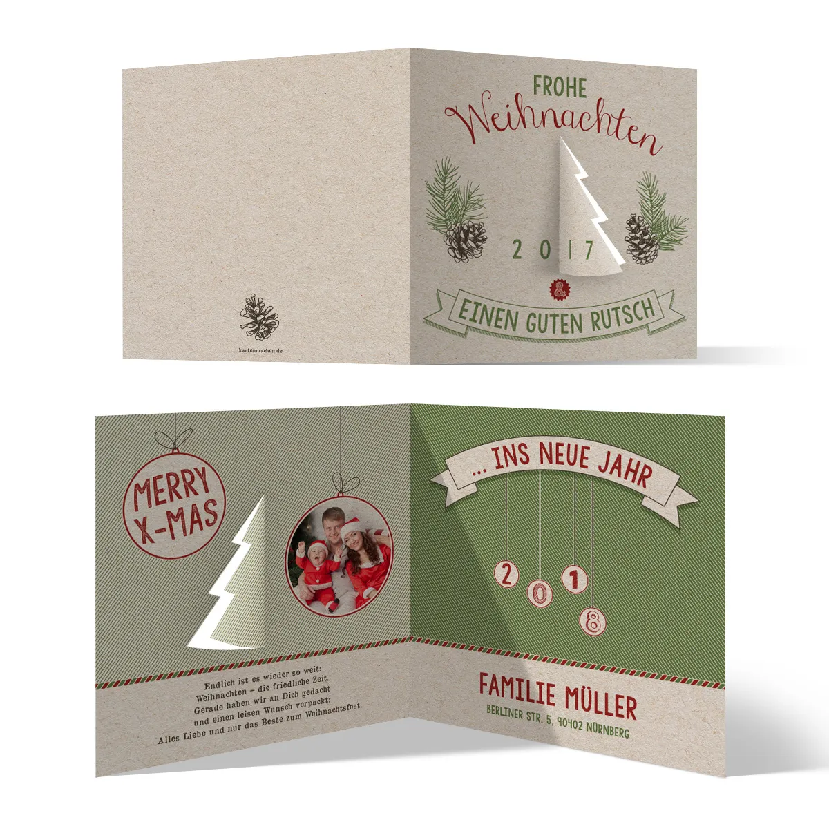 Lasergeschnittene Familien Weihnachtskarten - Tannenbaum Adventstürchen