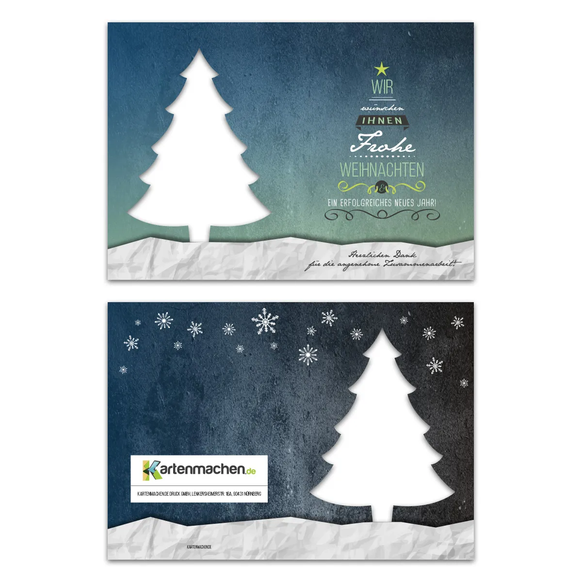 Lasergeschnittene Firmen Weihnachtskarten - Geschmückter Baum bei Nacht