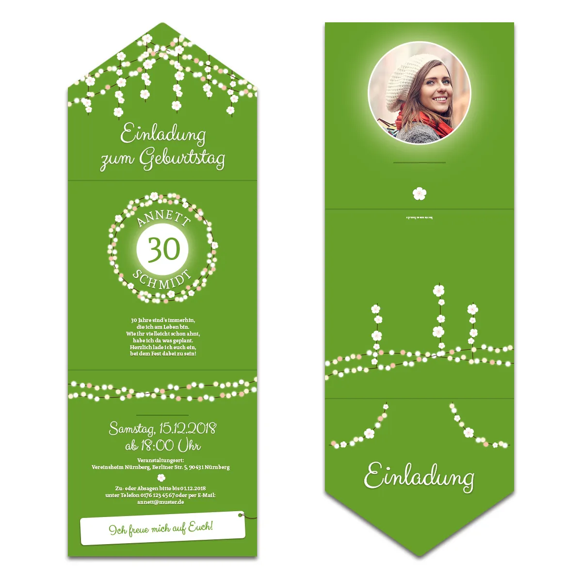 Lasergeschnittene Geburtstag Einladungskarten - Lichtgirlande Grün