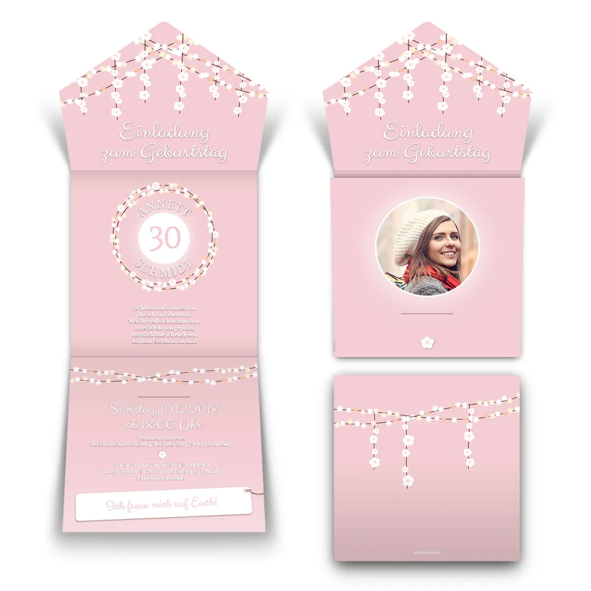 Lasergeschnittene Geburtstag Einladungskarten - Lichtgirlande Rosa