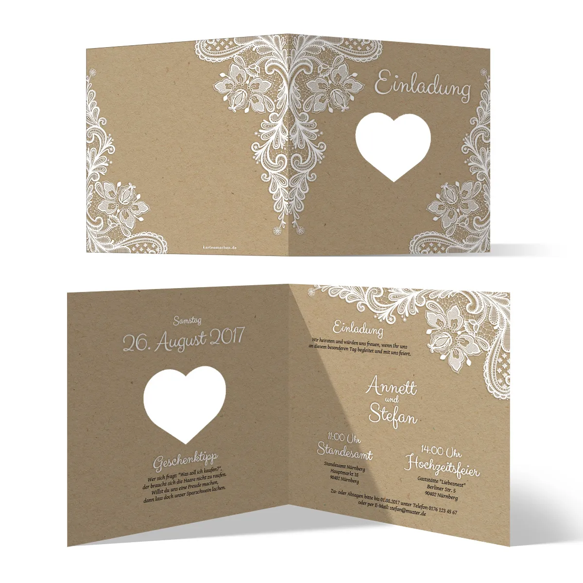 Lasergeschnittene Hochzeit Einladungskarten - Rustikal Kraftpapier