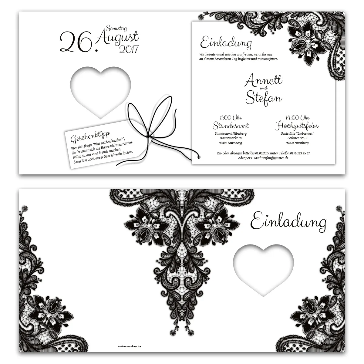 Lasergeschnittene Hochzeit Einladungskarten - Rustikal Schwarz Weiß