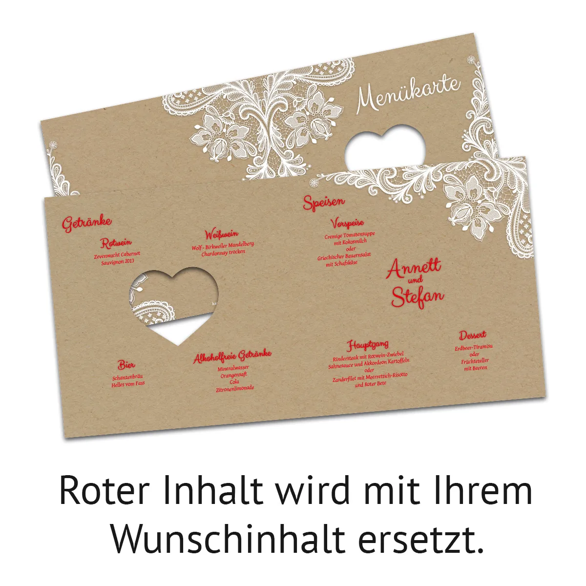 Lasergeschnittene Hochzeit Menükarten - Rustikal Kraftpapier