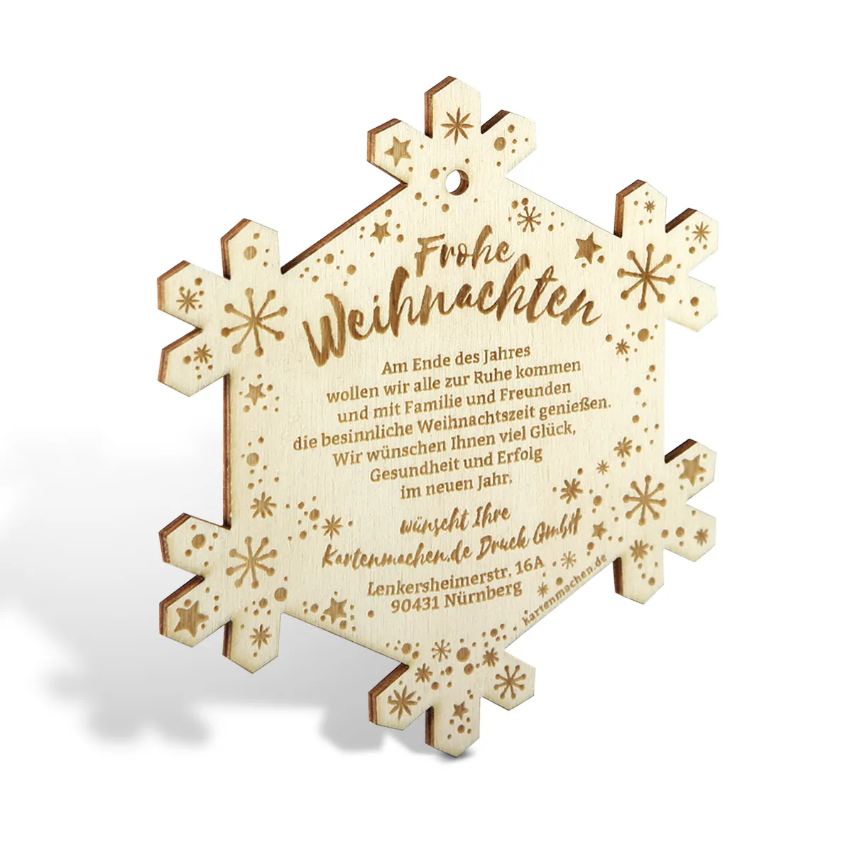 Lasergravierte Firmen Weihnachtskarten aus Holz - Schneeflocke