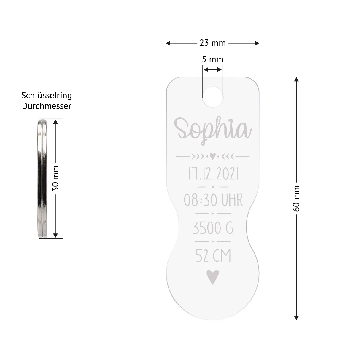 Personalisierter Acrylglas Einkaufswagenlöser Schlüsselanhänger - Text Geburtsdaten