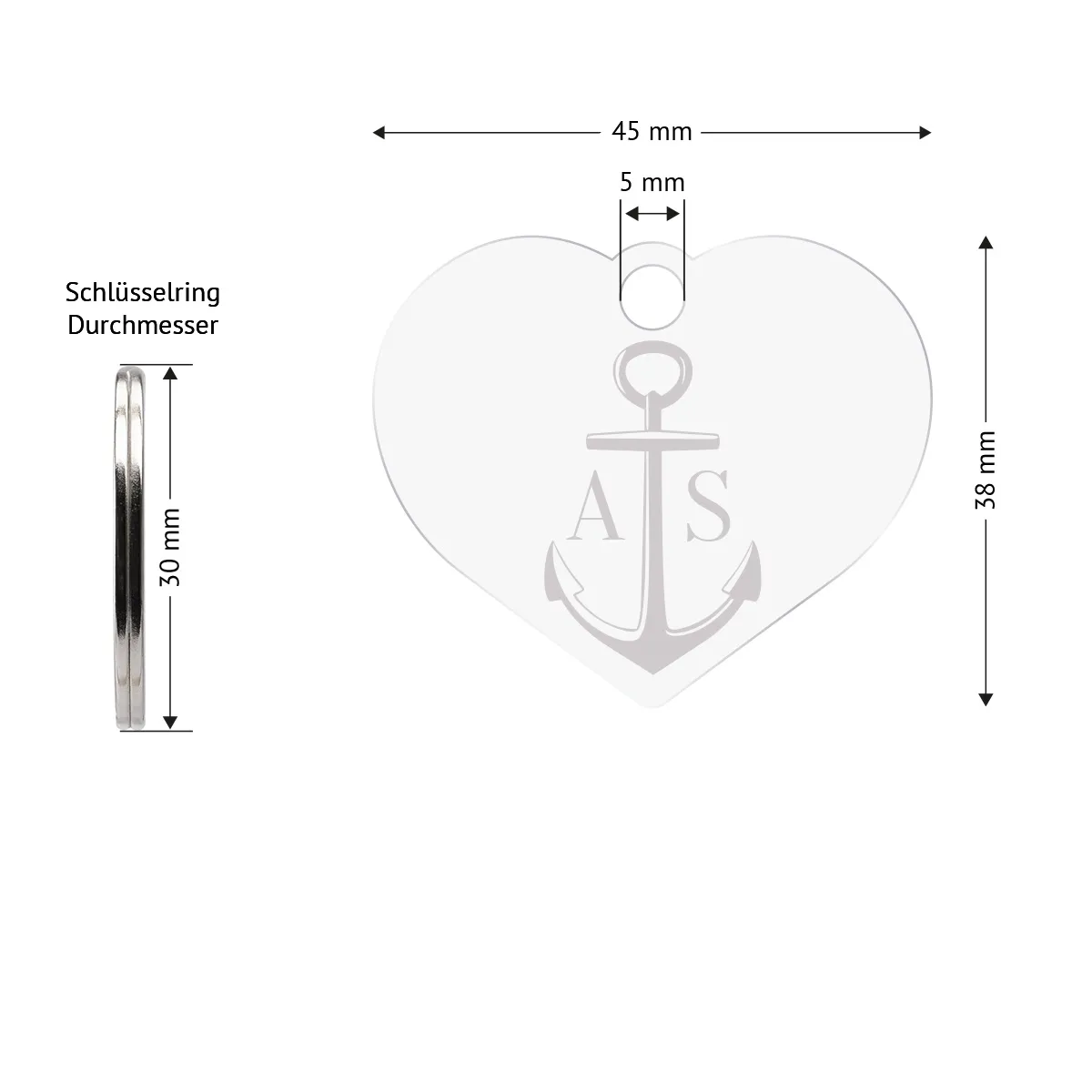 Personalisierter Acrylglas Schlüsselanhänger als Herz - Anker